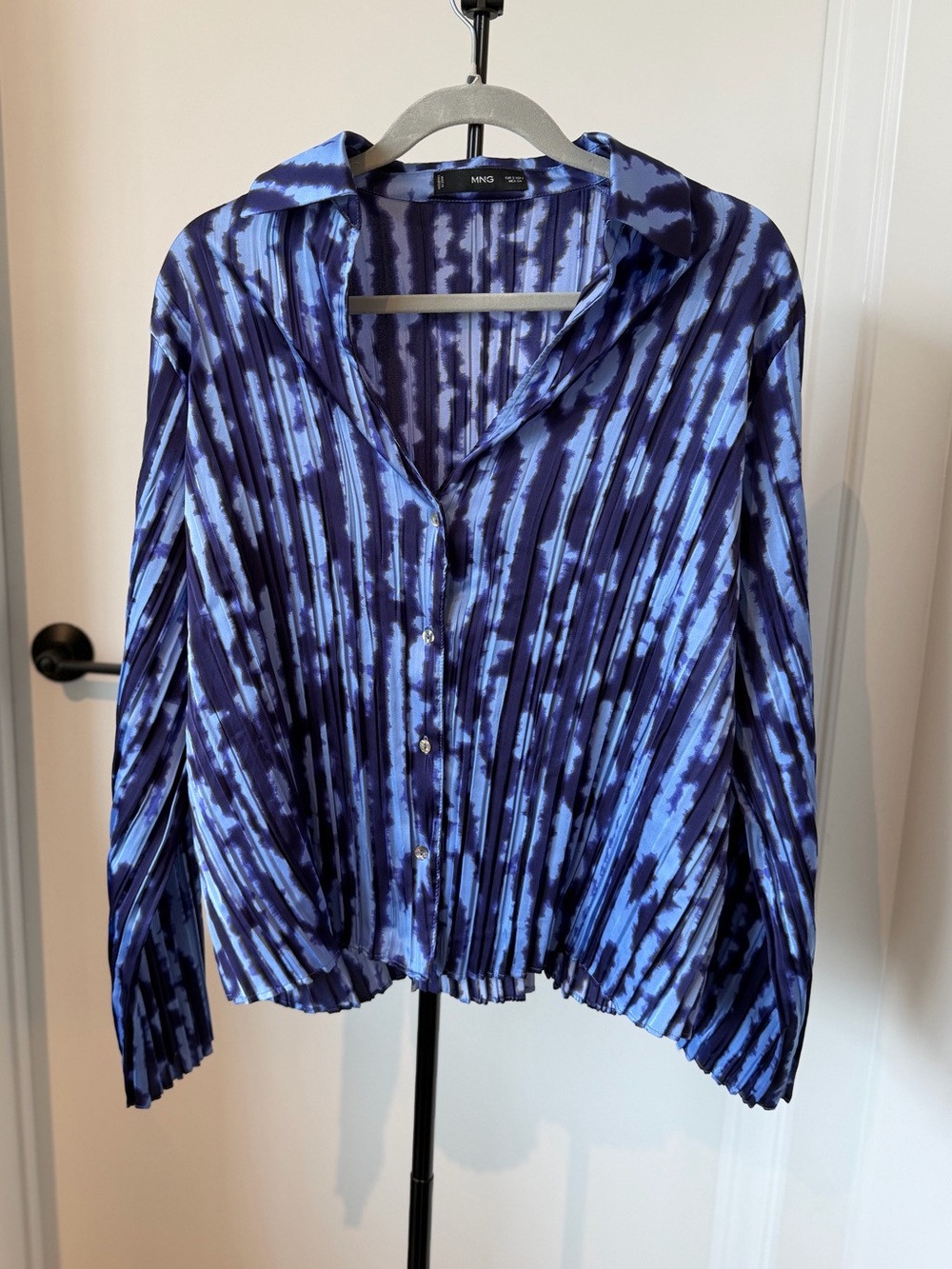 Mango - Blue Pleated Tie-Dye Button-Down Blouse